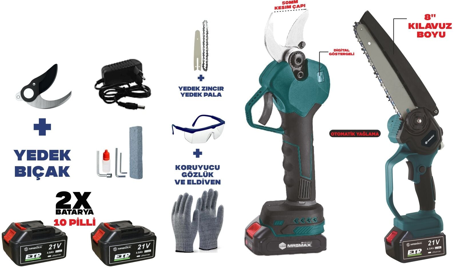 AKÜLÜ 2 PARÇA BAHÇE SETİ (AKÜLÜ DAL BUDAMA MAKASI MRS-ABM001+AKÜLÜ BUDAMA TESTERESİ BSDJ-10)