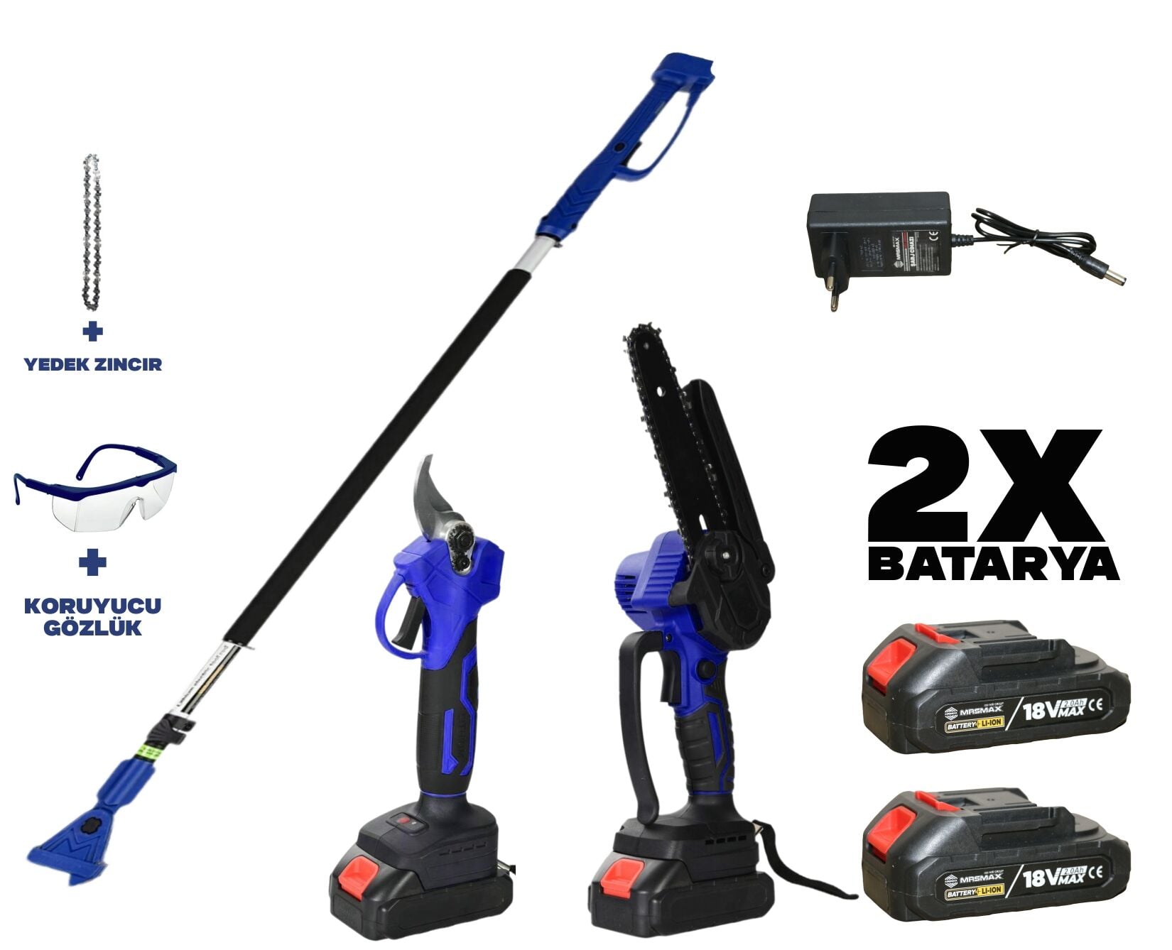 AKÜLÜ 3 PARÇA BAHÇE SETİ (2 METRE TELESKOBİK UZATMA KOLU MRS-STK02+25MM AKÜLÜ DAL BUDAMA MAKASI MRS-ABM005 + 6'' AKÜLÜ ZİNCİRLİ TESTERE)